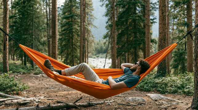 Man Relaxing in Hammock in Forest A man reclines in an orange hammock suspended between two trees in a tranquil forest setting, enjoying a moment of peace and relaxation amidst nature's embrace.
