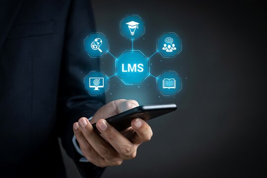 Businessman using mobile phone to interact with a digital learning management system interface.