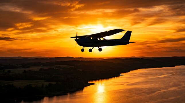 Silhouette of a single-engine light aircraft flying over a river at sunset
