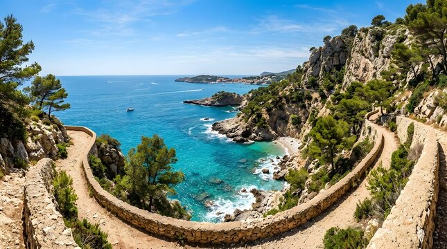 Panoramic view of a sun-drenched coastal path overlooking the Mediterranean sea