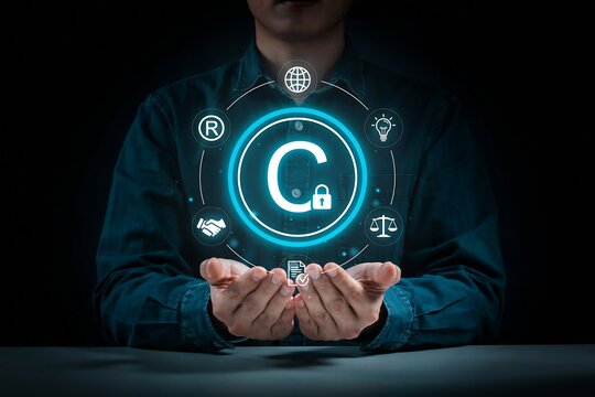 Person holding a glowing copyright symbol with legal icons representing intellectual property law
