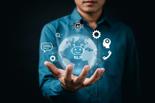 Person holding glowing globe with natural language processing and artificial intelligence icons