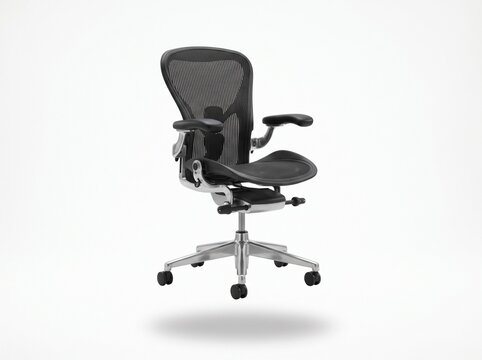 Modern black ergonomic office chair with mesh back and seat on a silver wheeled base, designed for comfort and productivity in a workspace.