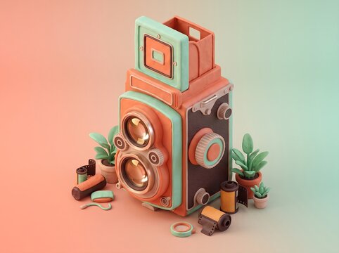 Retro Twin Lens Reflex Camera Illustration Featuring Film Rolls and Decorative Potted Plants on a Soft Gradient Background