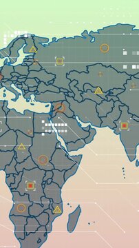 Animation of data processing over world map against pink and green gradient background