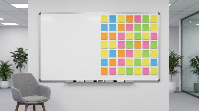 A whiteboard in a modern office covered with many colorful sticky notes for brainstorming and planning.