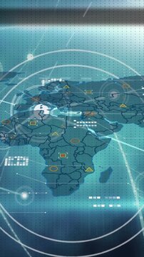 Animation of network of connections over world map and light spot against black background