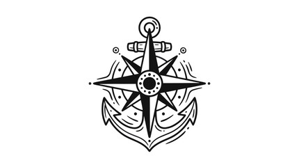 Fototapeta premium Dynamic Black and White Anchor and Compass Rose for Maritime and Adventure Branding with high quality professional line art symbols for modern creative design and digital branding projects