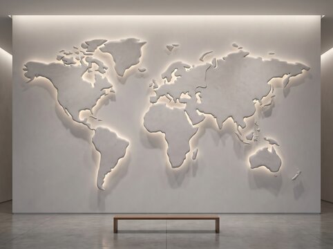 Illuminated 3D world map on white wall