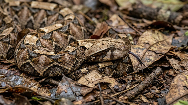 A Gaboon viper, a large venomous snake, camouflaged perfectly among the fallen brown leaves and forest debris on the ground.