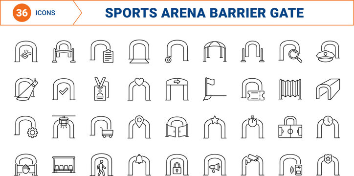 Tunnel Barrier Player Entrance Web Icon Set in Linear Style. Collection of Arena Access line icons, including stadium security, crowd control, field entry, pitch access, matchday transit.