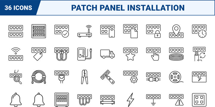 Patch Panel Structured Wiring Web Icon Set in Linear Style. Collection of Network Cabling line icons, including infrastructure, termination, routing, testing, hardware, maintenance.