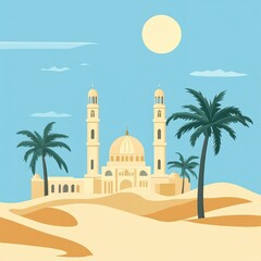 Naklejka premium Desert landscape with sand dunes, palm trees, and a mosque under a bright sun.