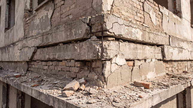 Destroyed building structure showing concrete and brick cracks, illustrating ruin, damage, and urban decay aftermath