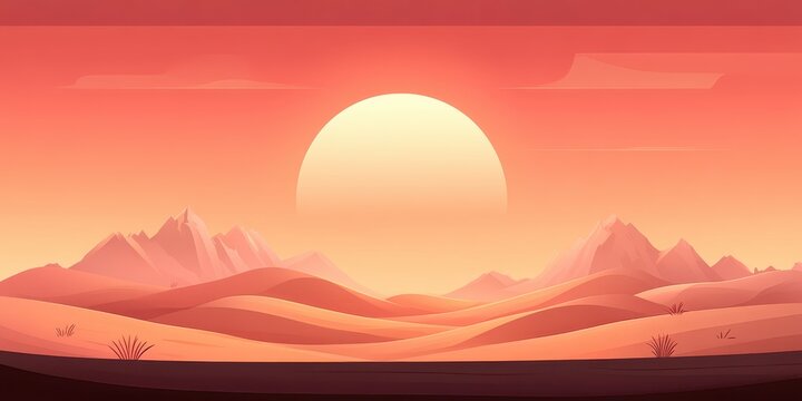 Vast desert landscape with rolling dunes and distant mountains under a glowing, warm sunset sky.