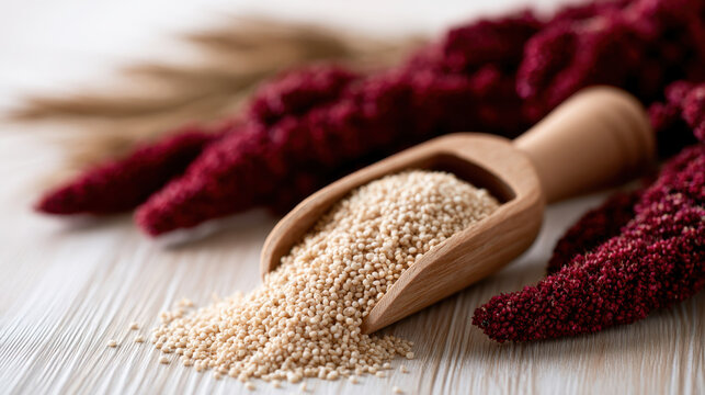 White amaranth grains overflowing from a wooden scoop surrounded by burgundy amaranth seed heads on a light wooden surface