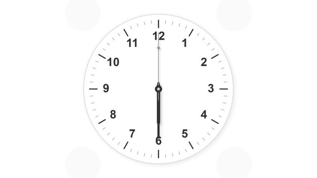 Minimalist white wall clock face showing exactly six o'clock time lapse with smooth moving hands, modern analog interface motion graphic render