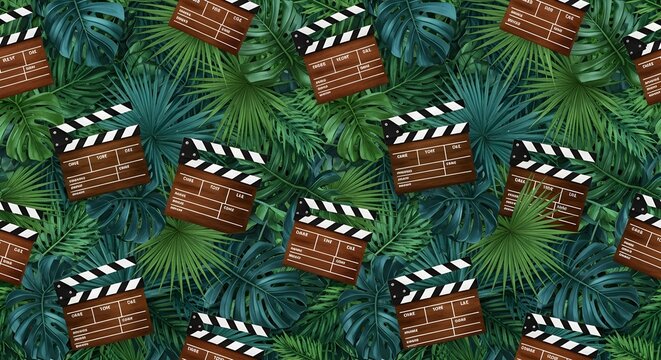 Multiple Classic Cinema Clapperboards With Palm Fronds Background.