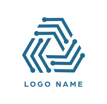 Geometric triangular logo rendered in a single blue-teal color, formed by interlocking, stylized circuit board traces and nodes that radiate inwards towards a central void.eps