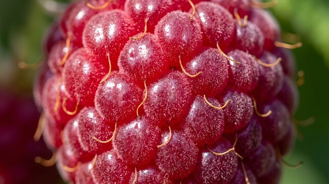 Extreme macro photograph of a ripe red raspberry showing its detailed drupelets.