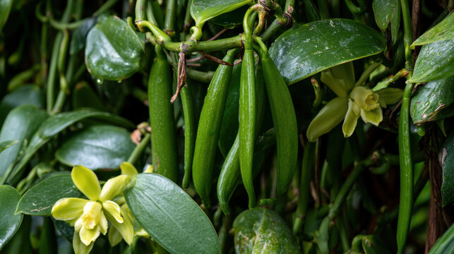 Green vanilla bean pods growing on a tropical vanilla orchid vine with flowers and lush glossy leaves