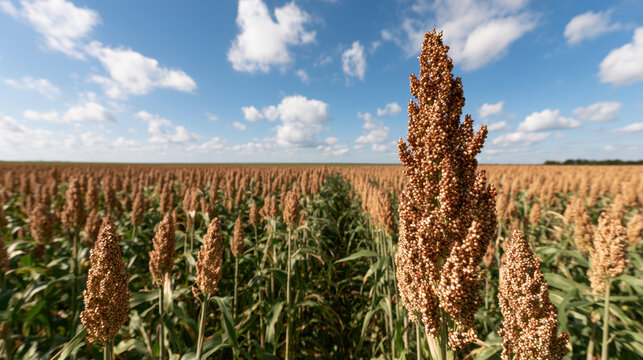 Close view of a ripe sorghum grain head overlooking an expansive agricultural field under a blue summer sky