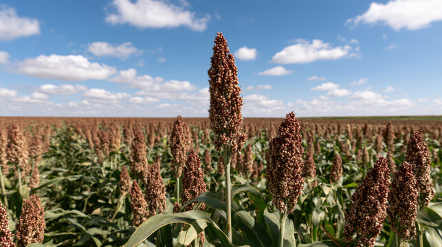 Mature sorghum plants with dense brown grain heads growing across a vast farm field beneath a bright blue sky