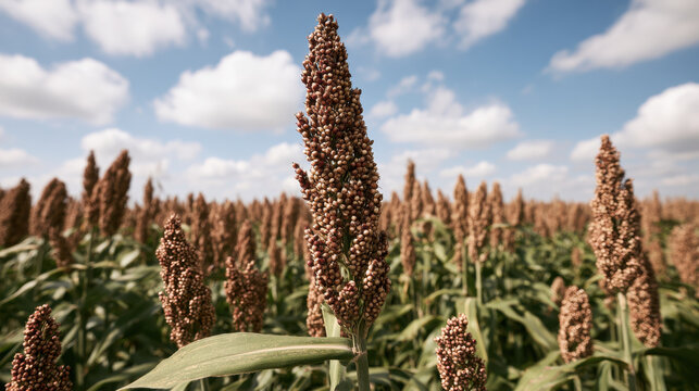 Mature sorghum seed head standing above a vast agricultural field ready for harvest under a blue cloudy sky