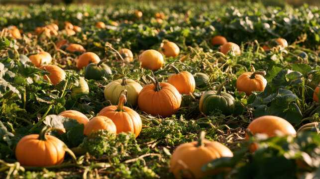Orange, yellow and green pumpkins growing naturally among dense vines in warm golden sunlight