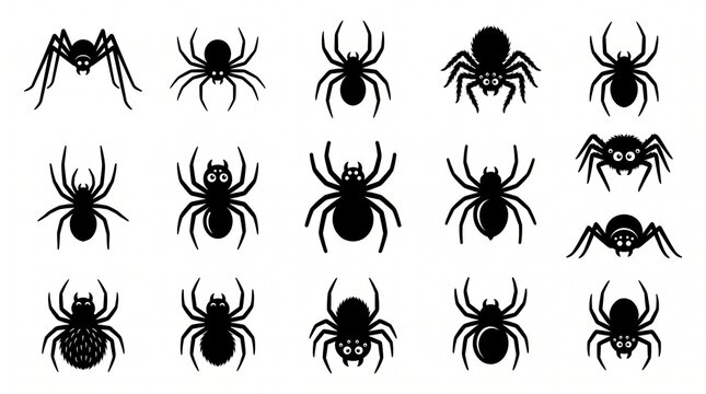 Black Spider Silhouette Icon Vector Set Halloween Spooky Arachnid Elements