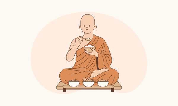 Buddhist Monk Mindfully Eating Meal Illustration