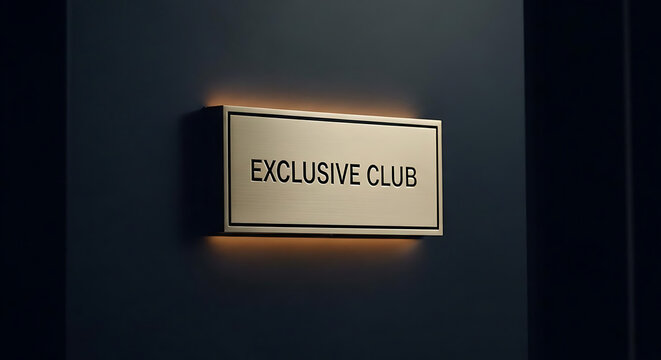 A rectangular metallic sign with the text exclusive club mounted on a dark wall background with illuminated subtle backlighting