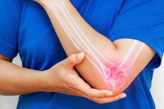 Elbow pain showing a man holding his elbow due to discomfort for specialized medical treatment and orthopedic care illustration.