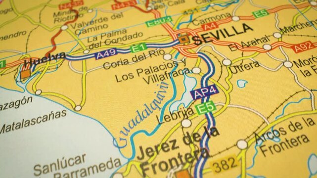 road network atlas map from cadiz to seville, spain