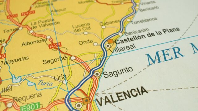road network atlas map from castellon de la plana to valencia, spain