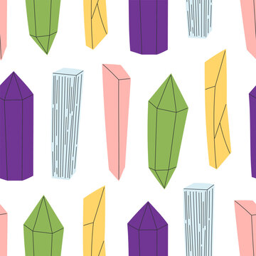 Seamless pattern of tall colorful faceted crystal columns arranged in vertical rows. Flat vector illustration