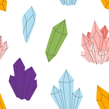 Seamless pattern of large colorful crystal clusters resembling amethyst, aquamarine and rose quartz formations. Flat vector illustration