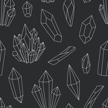 Seamless pattern of white outline crystal gemstones on a dark charcoal background. Flat vector illustration