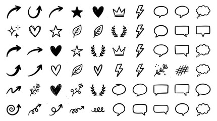 Fototapeta premium hand drawn doodle icons and symbols set, sketchy stars hearts crowns, black and white vectors, arrows music notes sparkle, hipster illustration collection