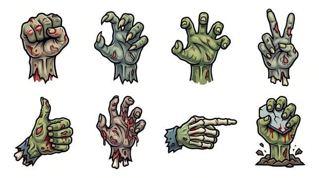Spooky Cartoon Zombie Hand Gestures Set Halloween Monster Vector Illustration