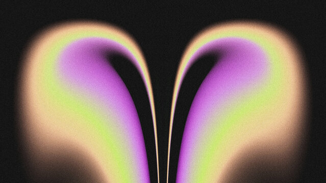 Abstract symmetrical composition featuring soft, wavy, curved forms in purple, lime green, and beige against a deep black background.