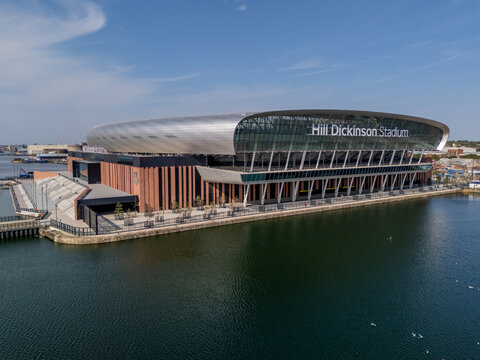 Hill Dickinson Stadium at Bramley-Moore Dock in Liverpool, the waterfront home of Everton Football Club, beside the River Mersey.