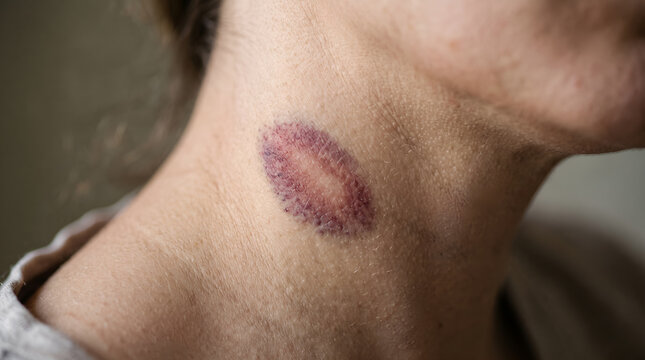 Visible purple hickey on a person neck skin