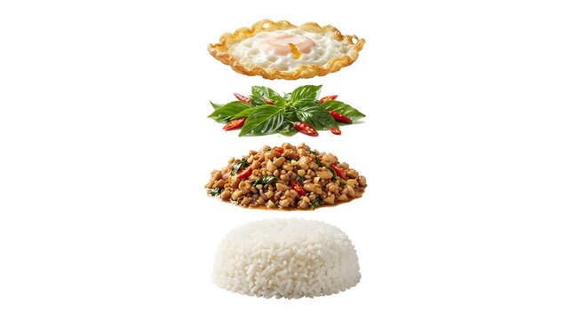 Thai Basil Chicken Pad Krapow Ingredients Stacked Isolated on White Background
