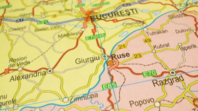 road network atlas map from ruse to bucharest, romania