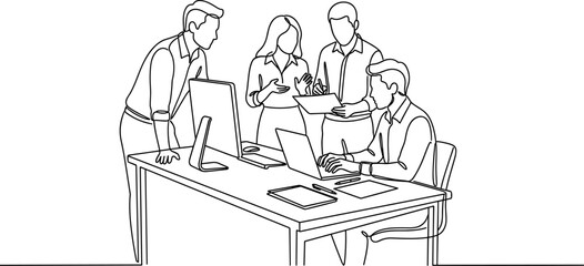 Fototapeta premium Diverse team collaborating on project brainstorming ideas at office desk with laptops
