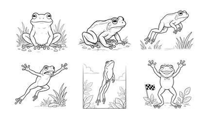 Fototapeta premium Collection of line art illustrations featuring frogs in various poses, including sitting, resting, jumping, and celebrating.