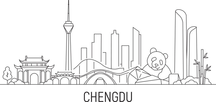Chengdu skyline in minimalist line art style
