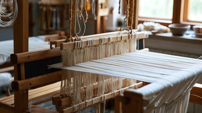Close up of a wooden loom with taut warp threads and natural light illuminating the weaving setup