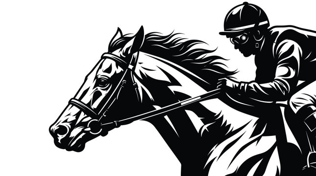 Close up view of jockey on racehorse in full stride, black silhouette on white background depicting racing intensity.